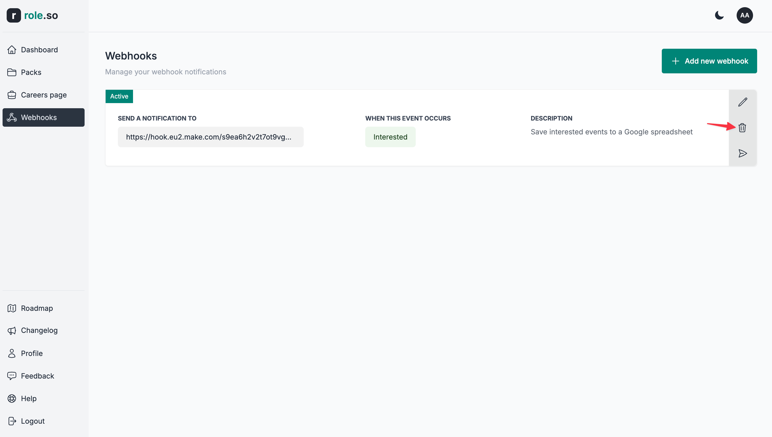 Click the delete webhook button